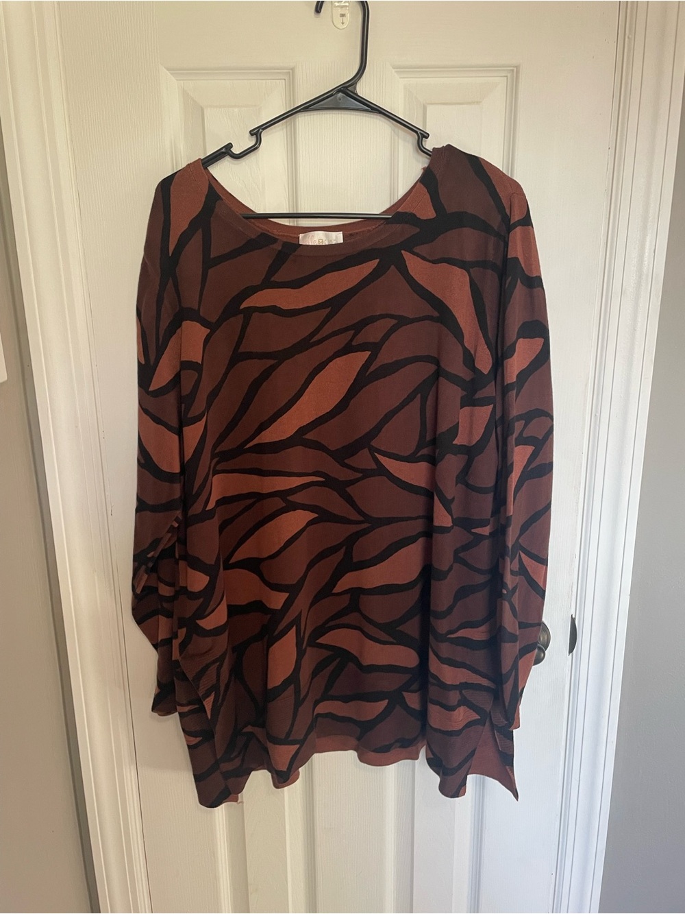 Belle by Kim Gravel Rust Brown Top with Black Abstract Stripe Print